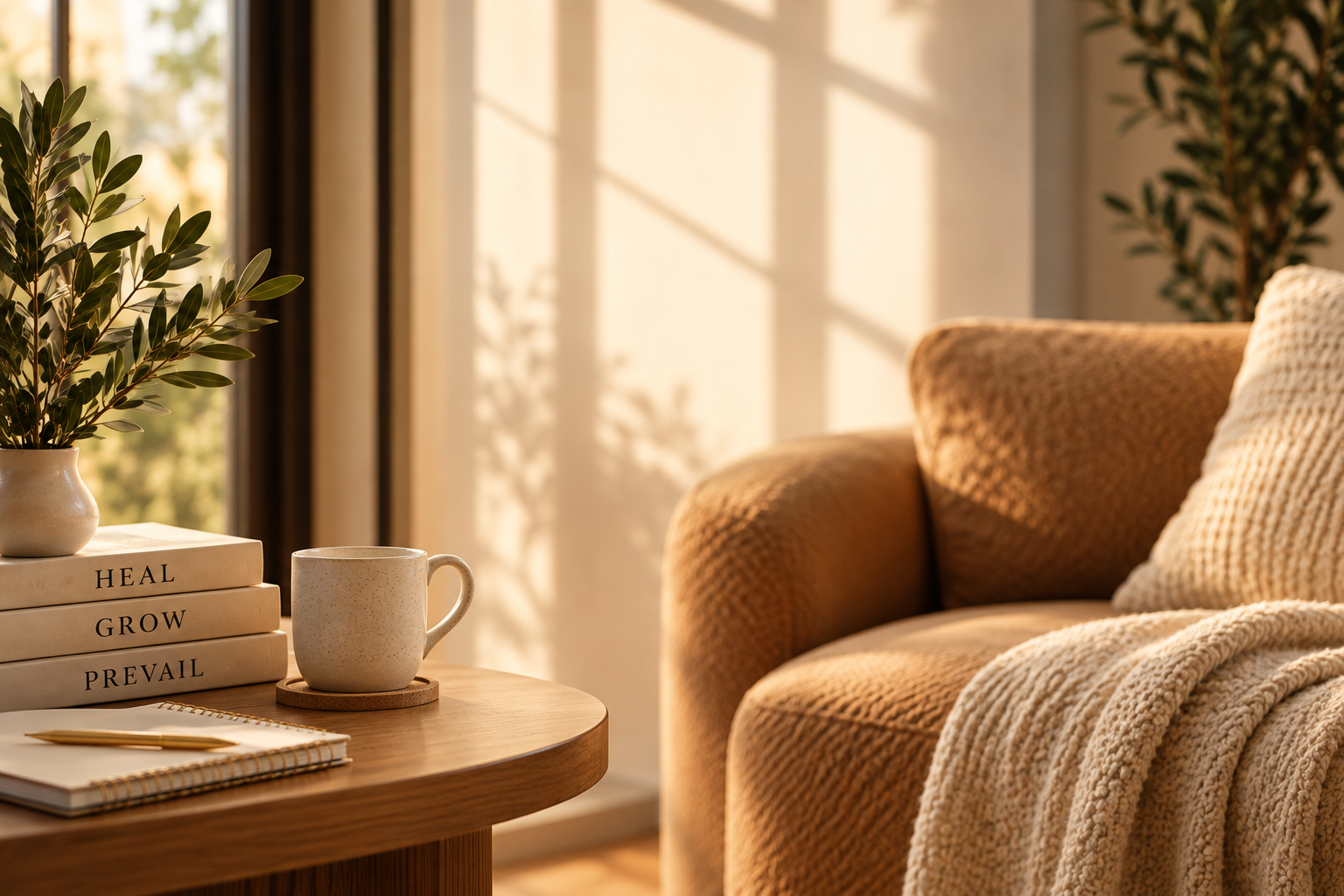 Warm peaceful room with books, journal, plant, and chair